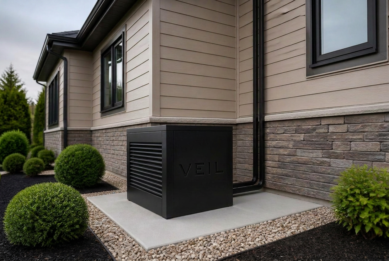 After: matte black architectural cover concealing the condenser