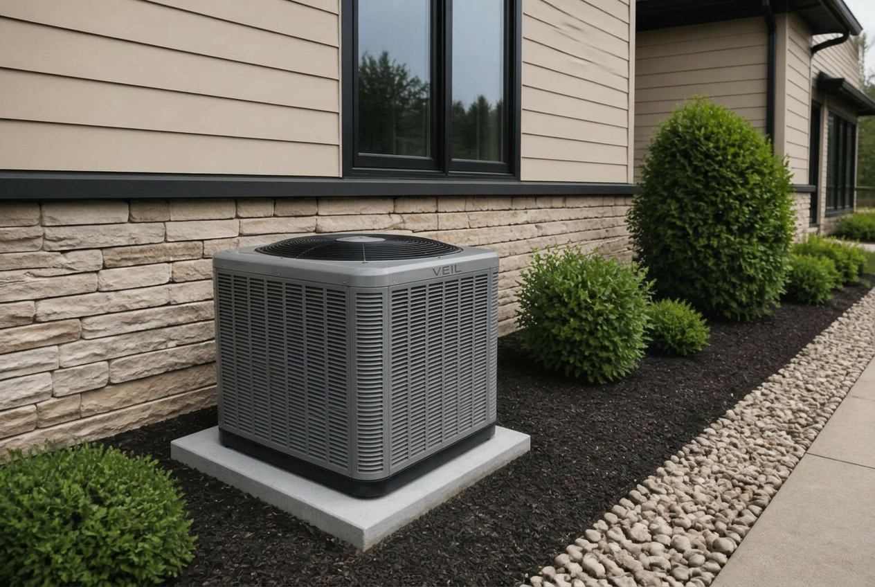 Before: exposed outdoor HVAC condenser next to a modern home