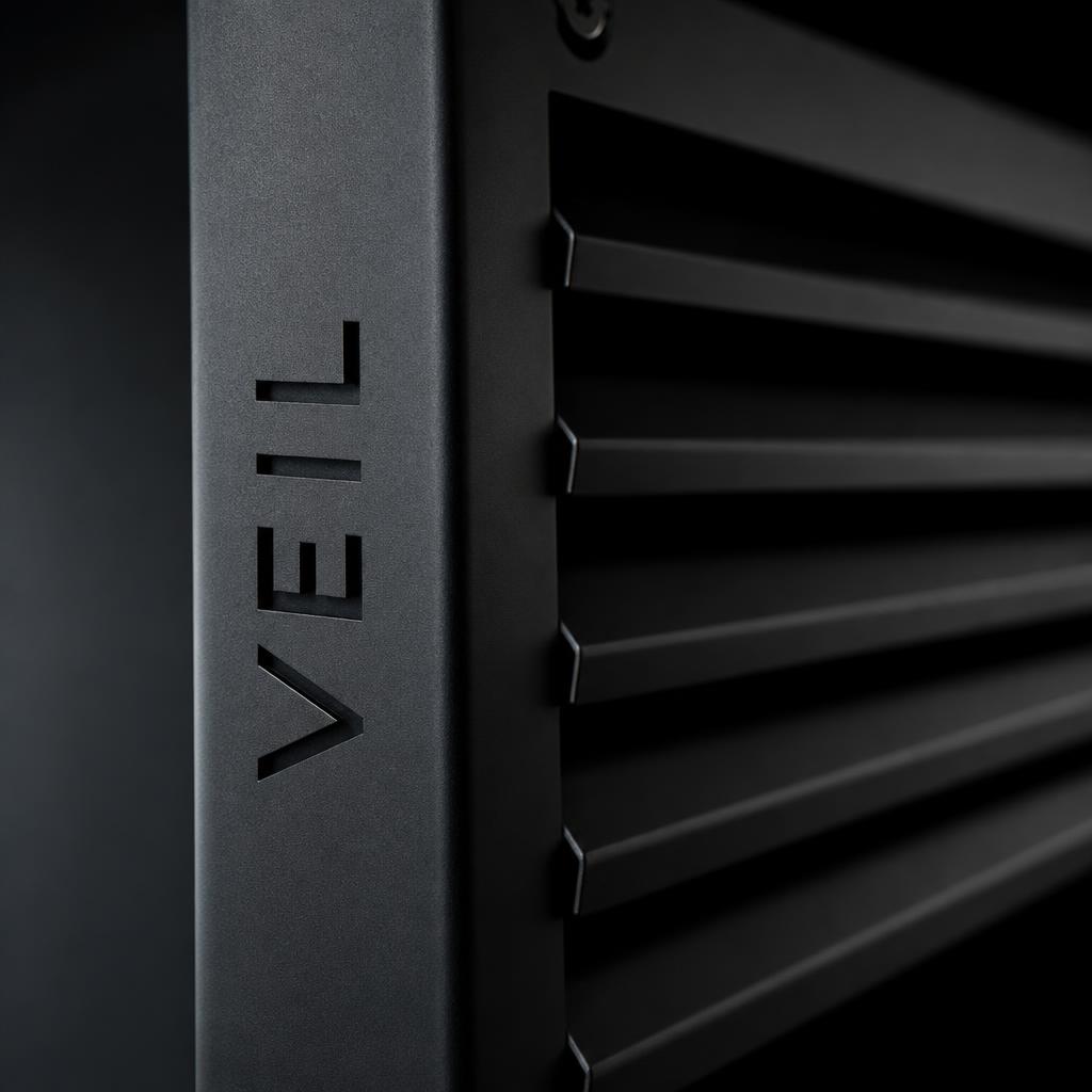 Close detail of a matte black louvered architectural cover with natural aluminum trim