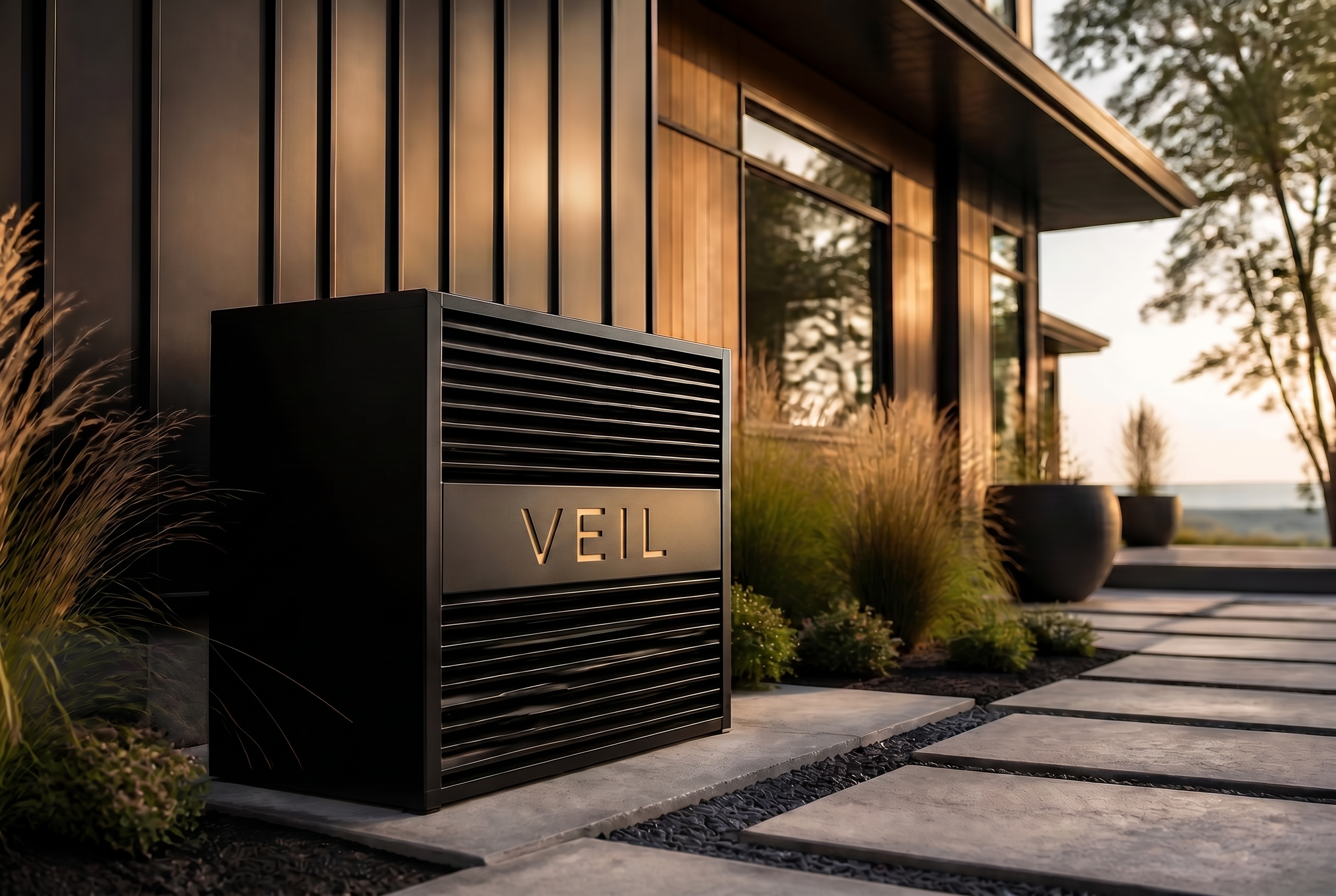 Modern luxury home with an architectural cover concealing an outdoor HVAC condenser at golden hour
